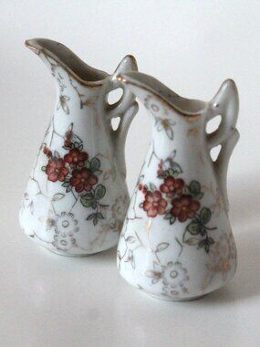 Miniature White Pitchers with Red, Gold, and Green Floral Decoration